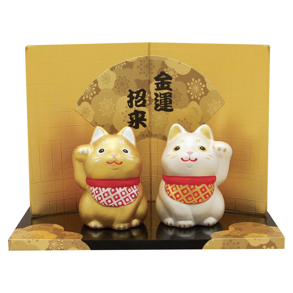 Cặp Mèo Thần tài & Daruma GOLD & SILVER Kệ đen - Hãng Ryukodo