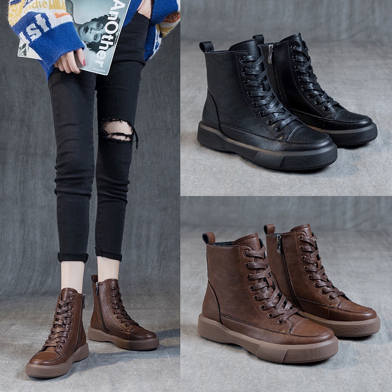 Boot Thời Trang Da Bò Giày Bốt Cao Cổ Đế Cao Su Cao Cấp Lót Bông NineRed