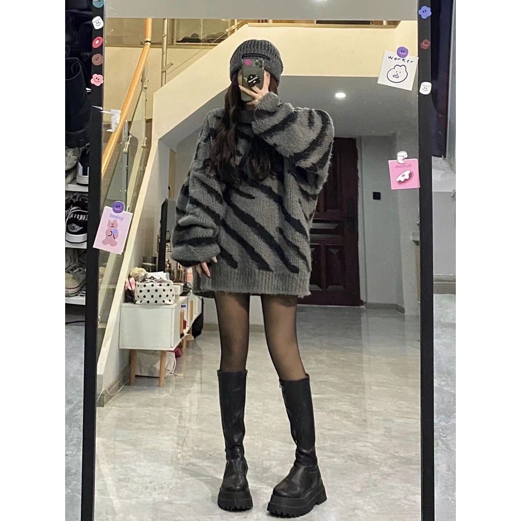 Áo Sweater Dày Dặn Dáng Rộng Mềm Mại In Họa Tiết Ngựa Vằn Kiểu Retro Nhật Bản Thời Trang Mùa Đông Cho Nữ