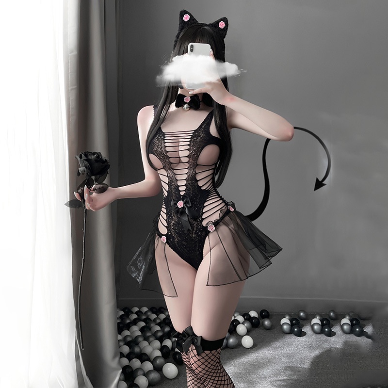 Đồ cosplay mèo có đuôi xuyên thấu sexy đáng yêu bodystocking 1 mảnh miêu nữ đen dễ thương gợi cảm BIKI HOUSE N739 | BigBuy360 - bigbuy360.vn