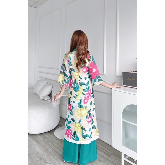 Set Áo Dài Hoa Voan Ép Dáng Xuông Tay Xoè Lỡ ,ÁO dài cách tân voon tơ ép 4 tà kèm quần xanh