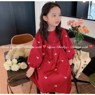 Váy đỏ thô hoa bé gái 1-10y