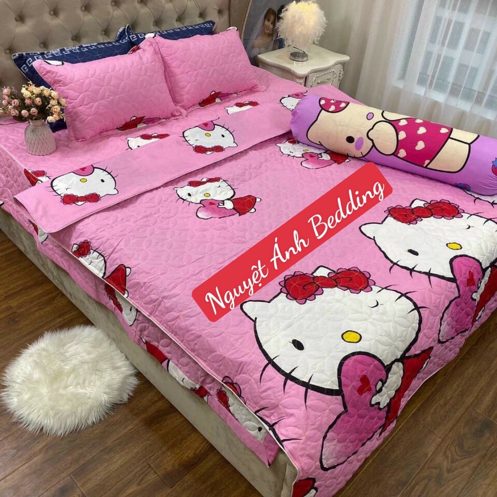 (Thanh lý)💟 Bộ ga gối trần bông dày dặn có diềm phủ 4 thành giường mẫu Kitty ôm tim( chat với shop để chọn thêm mẫu)