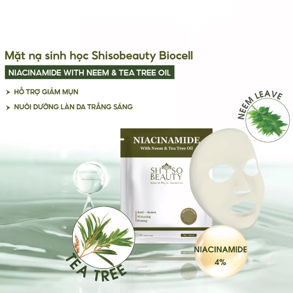 Mặt nạ sinh học Niacinamide (4%) hỗ trợ cho da mụn Shsobeauty Biocell từ tinh dầu tràm trà và lá neem