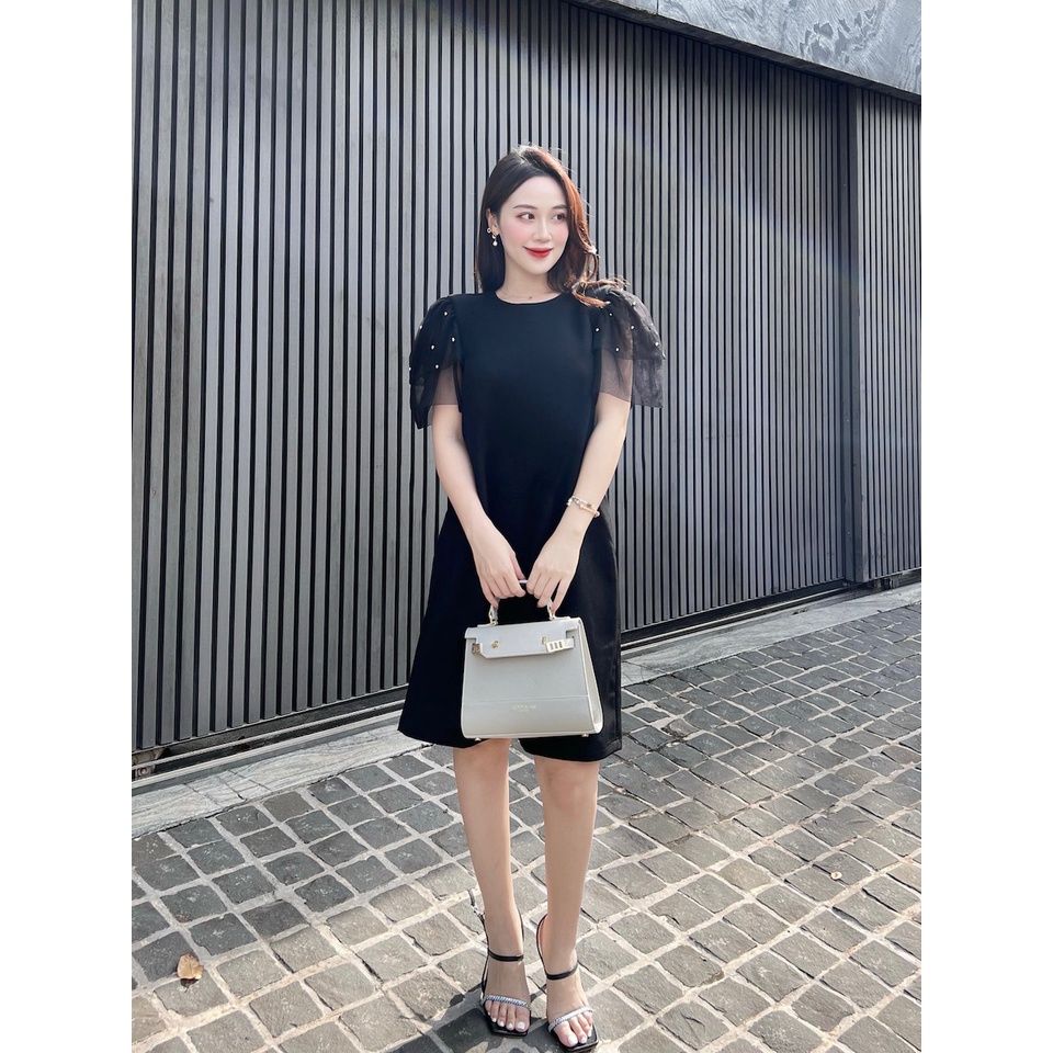 RẬP - Đầm Đính Hạt Trên Tay Lưới Hai Tầng - TITI 08 ĐEN