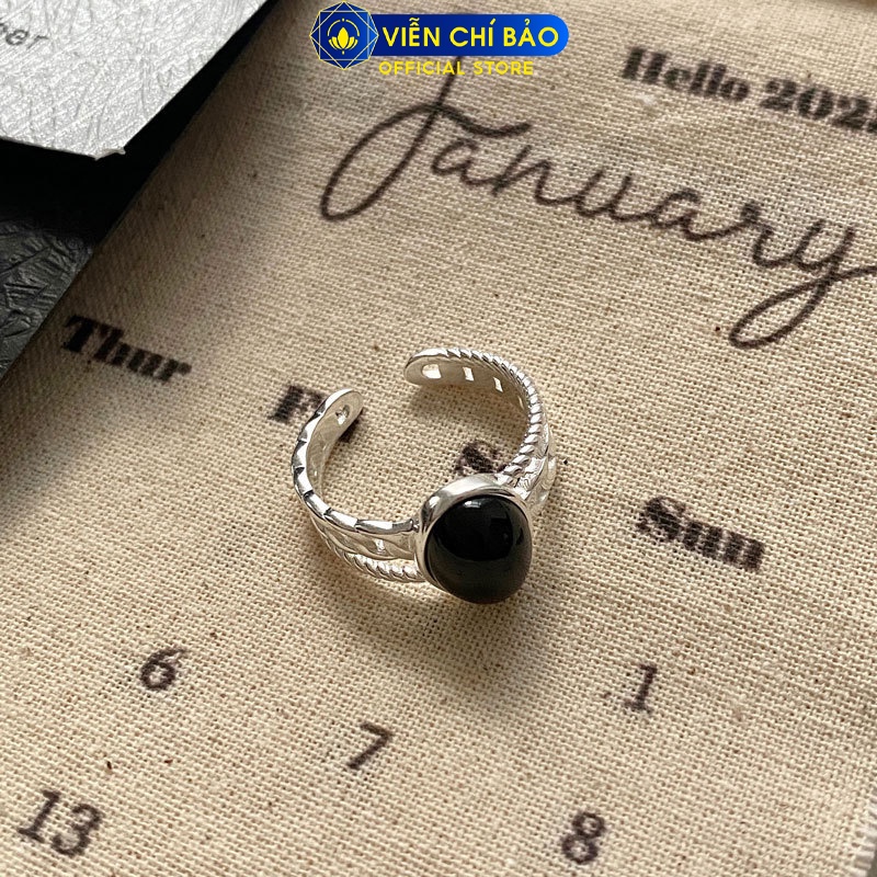 Nhẫn bầu dục đá đen viền xích chất liệu bạc Thái 925 thời trang phụ kiện trang sức nữ Viễn Chí Bảo N000146
