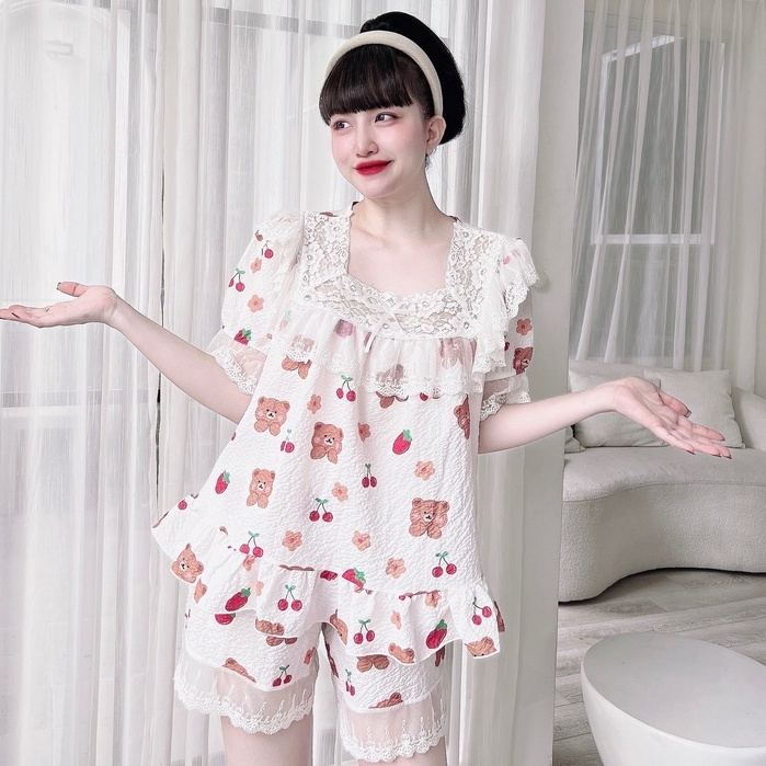 Đồ Mặc Nhà Nữ SOJUN Bộ Đùi Chất Liệu Đũi Xốp Phối Lưới