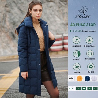 Áo khoác phao dáng dài nữ HeraDG đai eo trần mũ tháo rời túi kéo khoác trần bông 3 lớp cao cấp siêu nhẹ siêu ấmWJKBB3012