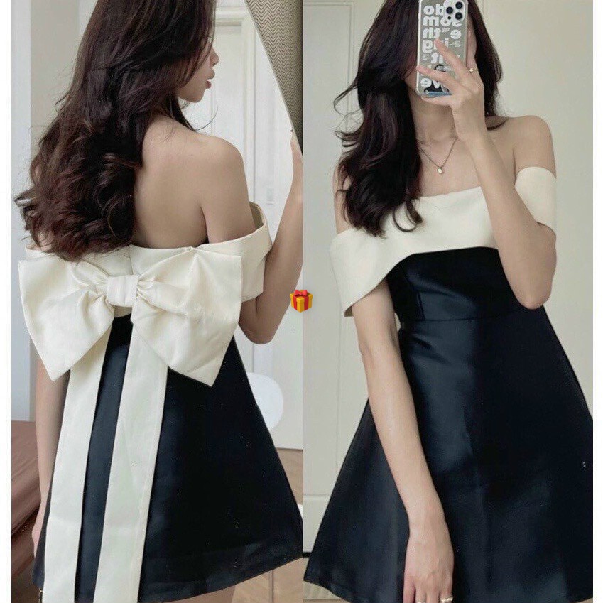 đầm ống dáng xòe nhẹ phối trắng nơ dài xinh tiểu thư