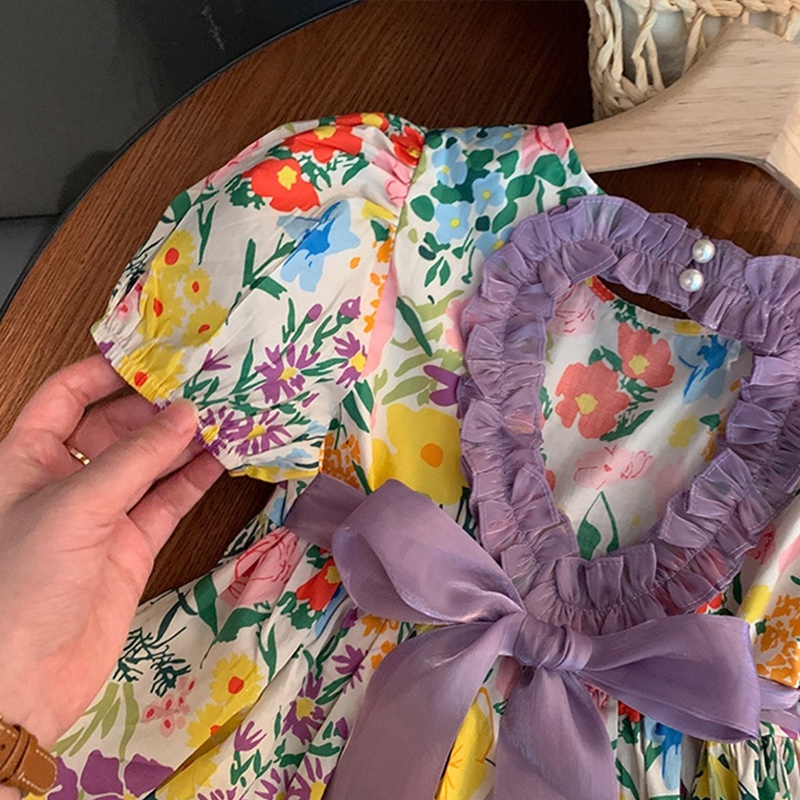 Đầm công chúa IQ ANGEL chất liệu cotton hở lưng họa tiết hoa thời trang mùa hè cho bé gái