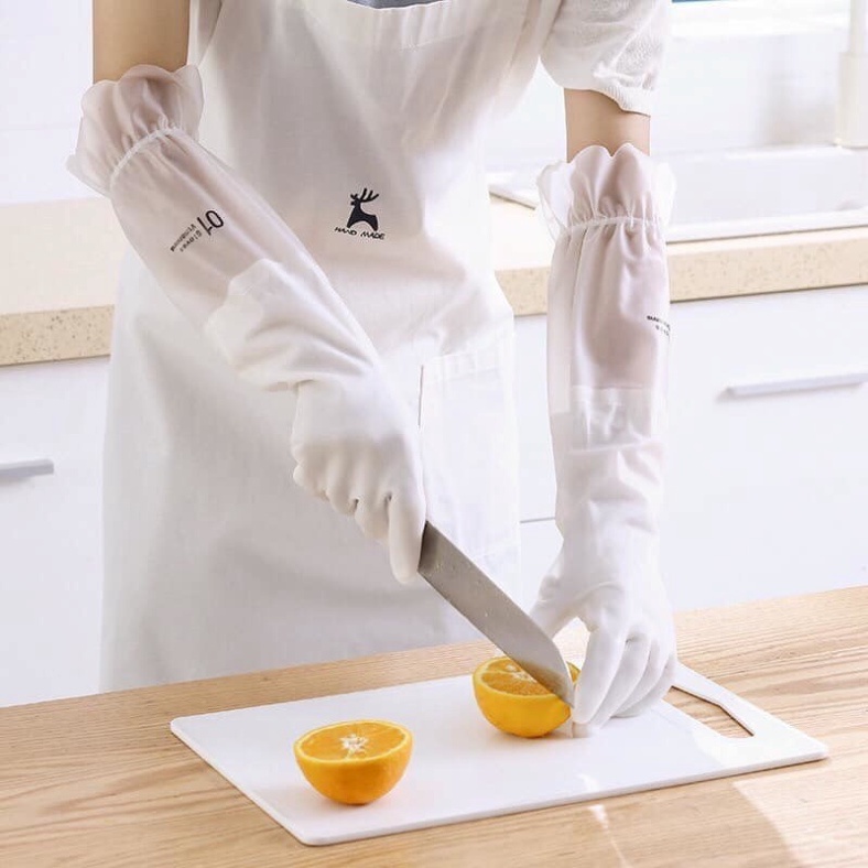 Găng Tay Cao Su Lót Nỉ COn Cò Loại Dài Siêu Dai Cổ Hoa, Có Dây Chun Chống Tuột, Gang Tay Rửa Bát Giữ Ấm