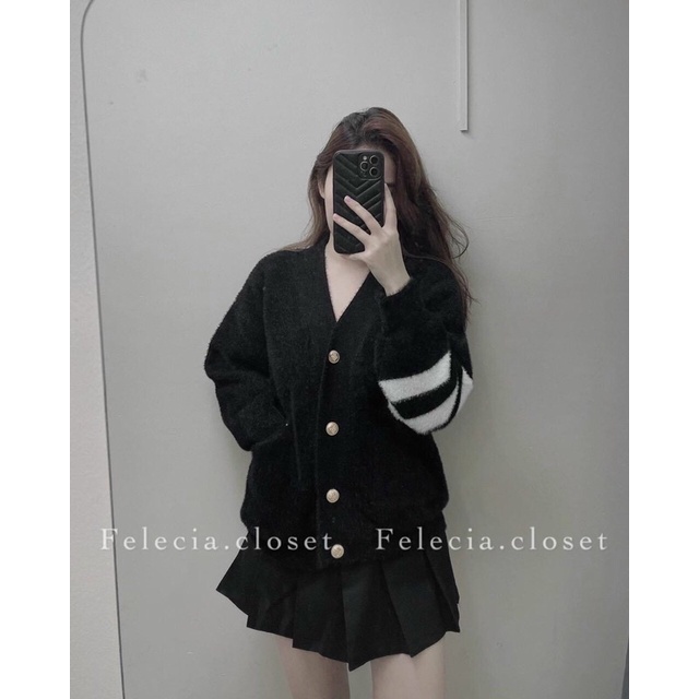 Áo khoác cardigan lông thỏ chất len lông dày dặn phối đen trắng