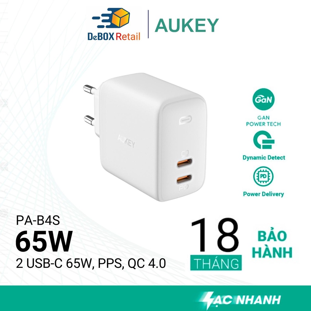Sạc siêu nhanh 2 cổng AUKEY PA-B4S Omnia Duo 65W GAN Hổ trợ công nghệ PD QC 4.0 cho Laptop - Hàng Chính Hãng