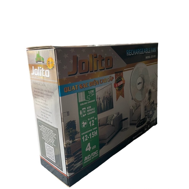 Quạt sạc tích điện điện 24W Jolito QT-J101 tích hợp đèn chiếu sáng, thời gian dữ trữ điện dài - Hàng chính hãng