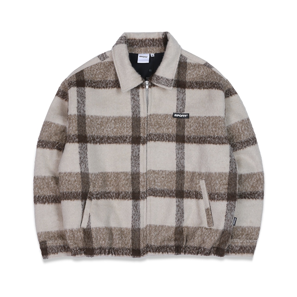 RIPOFFF Checked Zip Jacket - Brown Cream (Áo khoác dây kéo vải Wool màu nâu kem)