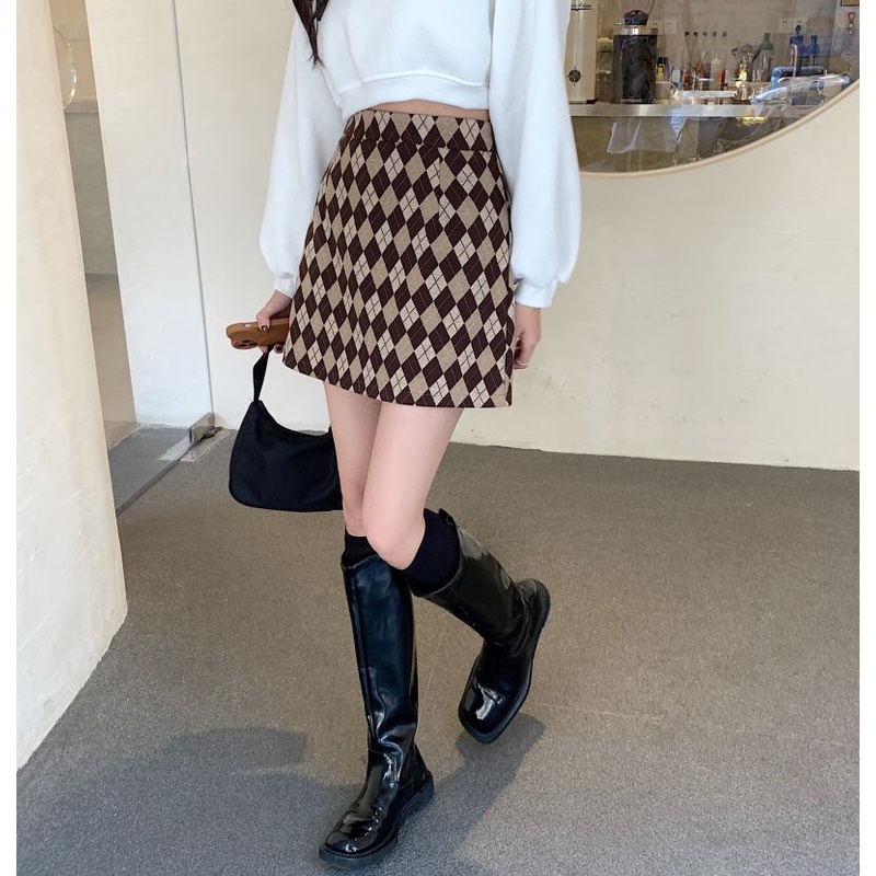 COZOK Chân Váy Lưng Cao Họa Tiết Sọc Caro Phong Cách vintage