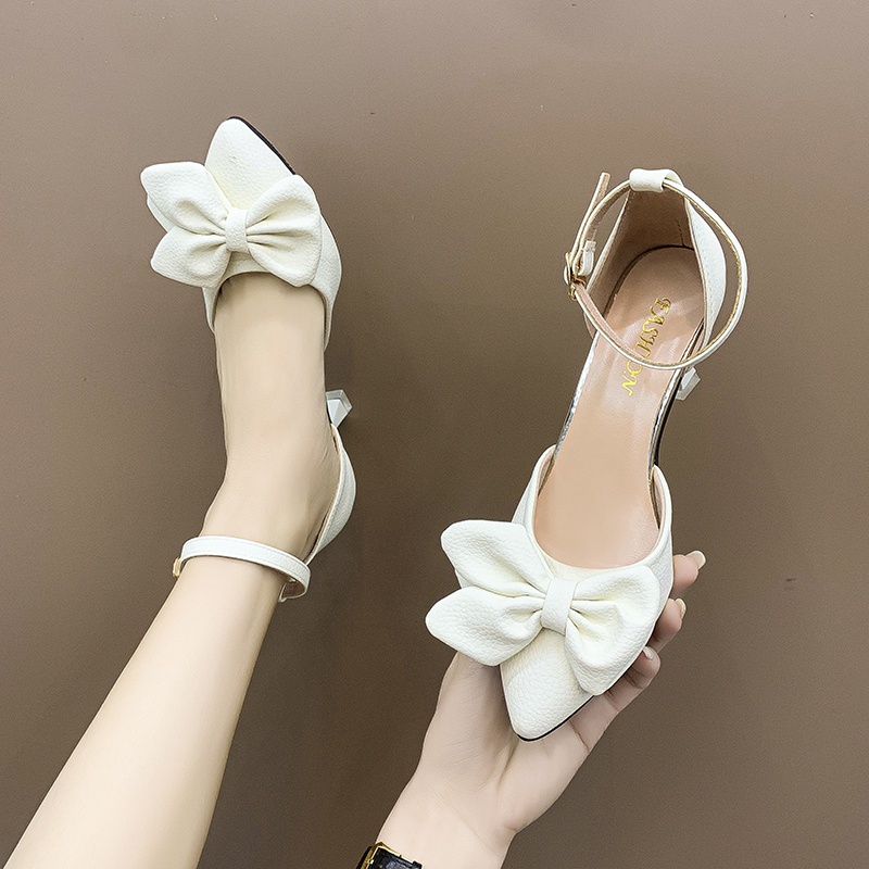 Ielgy Giày Cao Gót Đính Nơ Màu Trắng Dễ Phối Đồ Phong Cách Hàn Quốc Cho Nữ