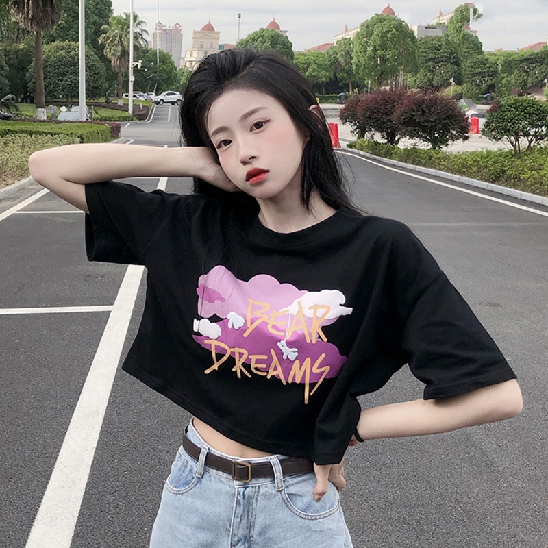 IELGY Áo Thun Dáng Suông Ngắn Lưng Cao In Họa Tiết Phong Cách Hàn Quốc Cho Nữ