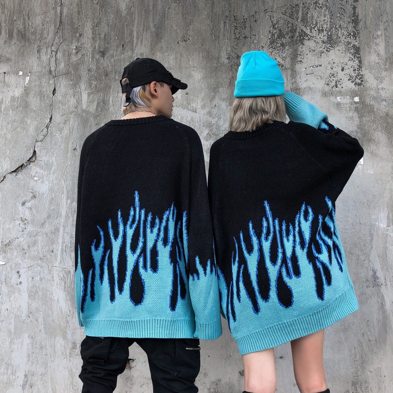 Áo Sweater Dệt Kim Dáng Rộng In Hình Ngọn Lửa Kiểu Hip-Hop Ấ