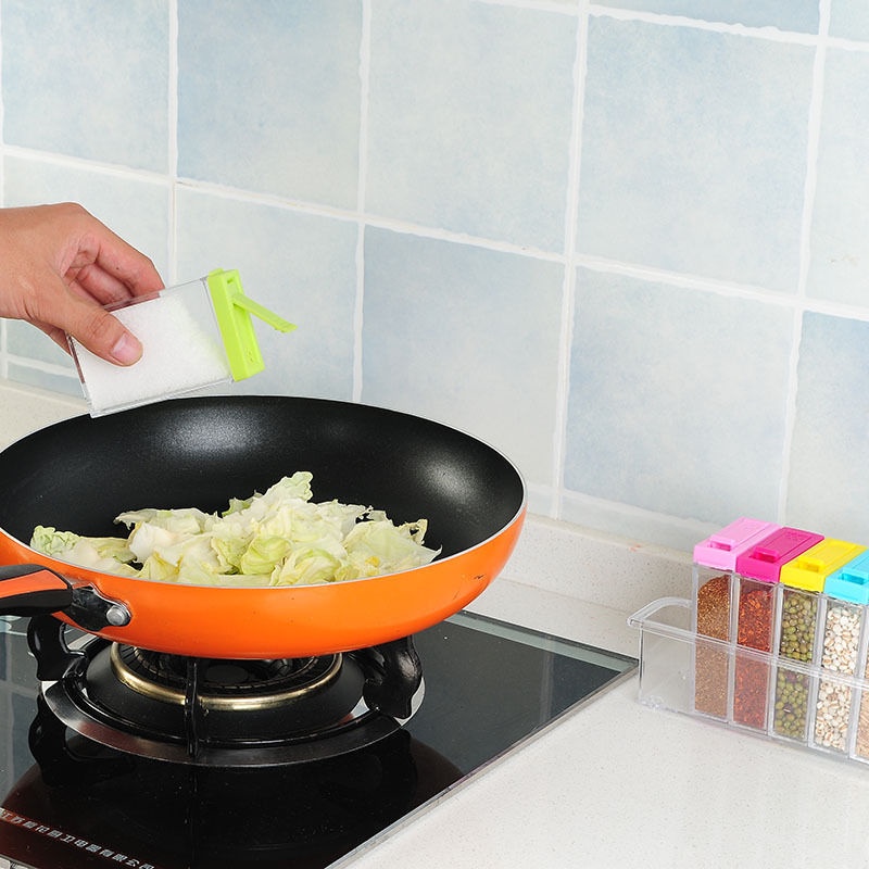 Bộ 6 hộp nhựa trong nắp màu đựng gia vị thông minh, đồ gia dụng tiện ích