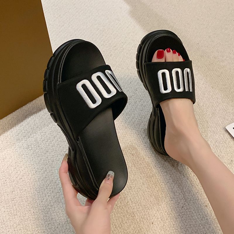 Dép Nữ Quai Ngang Sandal Đế Xuồng Cao 5cm Thêu Chữ UOO (Mới 2023)