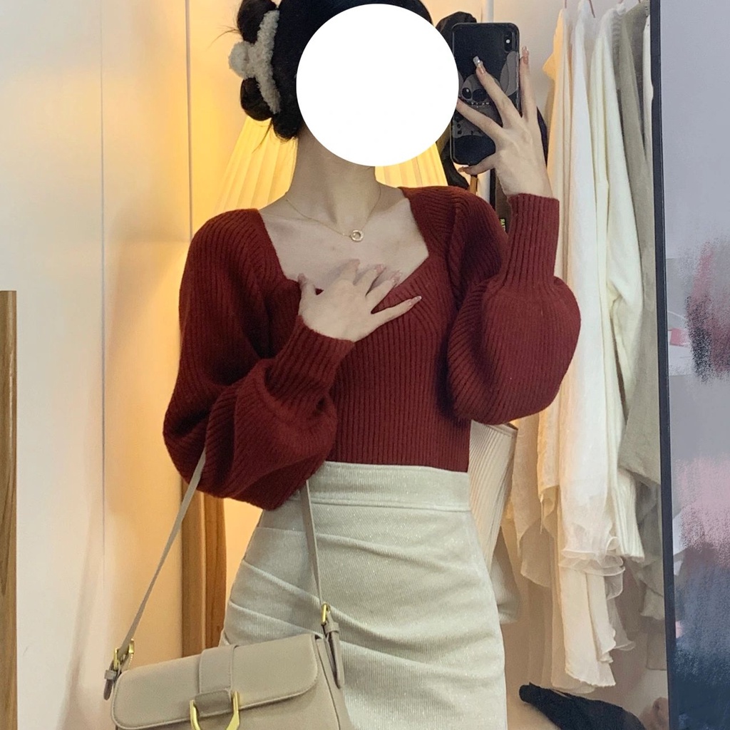 Áo dệt kim SUXI tay dài cổ vuông màu sắc thanh lịch thời trang thu đông cho nữ