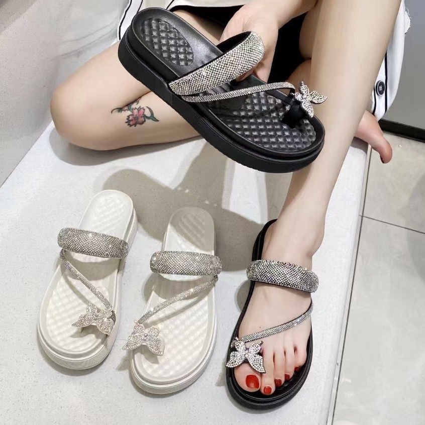 Dép Nữ Xỏ Ngón Đính Charm Hình Bướm Đế Dày Bánh Mì Cao 5cm Tôn Dáng TRINH LÊ SHOP GIÀY DÉP