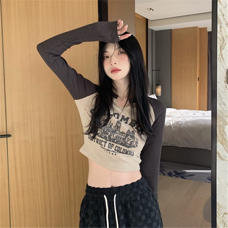 Áo thun ZHELIHANGFEI tay dài lưng cao dáng ôm họa tiết in theo phong cách Mỹ cho nữ