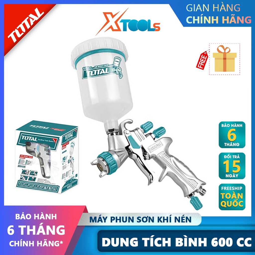MÁY PHUN SƠN DÙNG KHÍ NÉN TOTAL TAT10605, súng phun sơn dùng khí nén 1.3mm, dung tích bình 600cc, áp suất 2bar