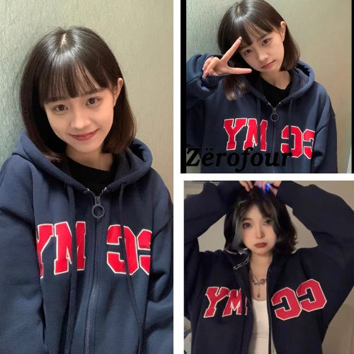 Áo khoác hoodie in chữ YMCC form rộng có mũ 2 lớp chất nỉ 2za dày nam nữ đi học đi chơi ZEROFOUR