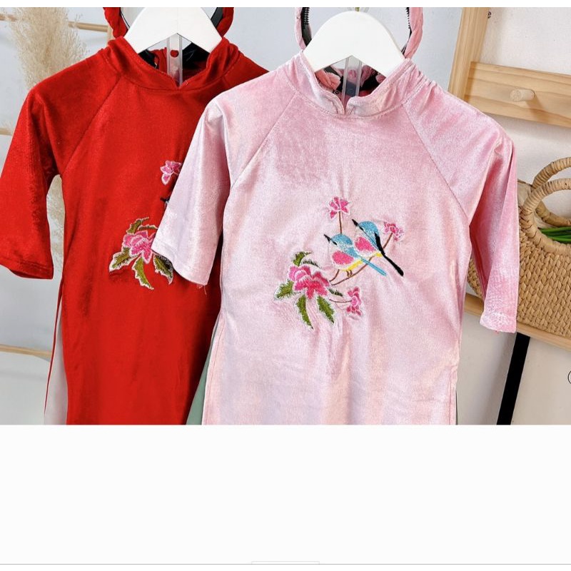 Áo dài cách tân bé gái thêu hoa chất nhung mềm mại 2 chi tiết