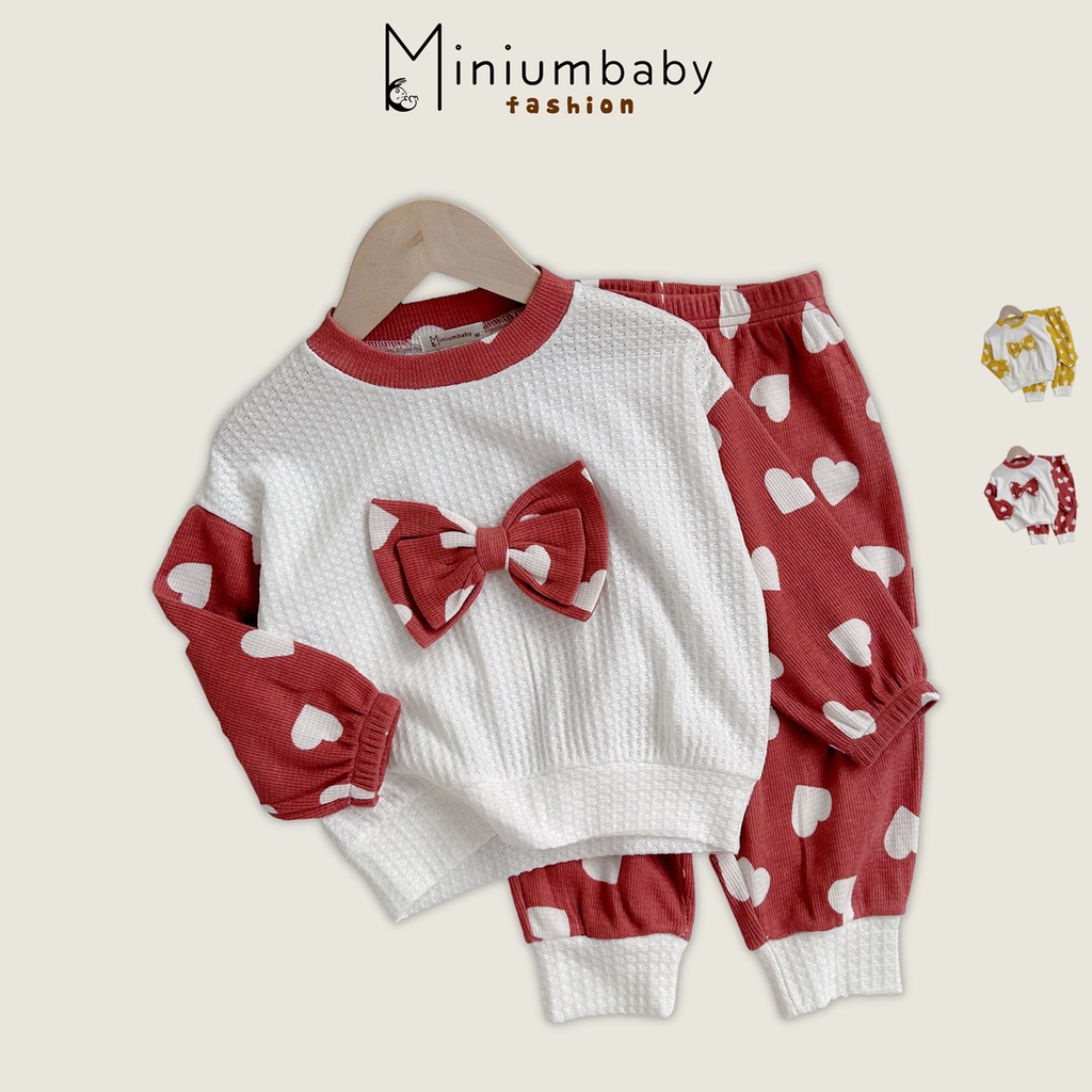 Bộ đồ dài tay quần dài thu đông nơ ngực cho bé gái/ trai chất liệu cotton tổ ong, quần áo trẻ em MiniumBaby-SB1379