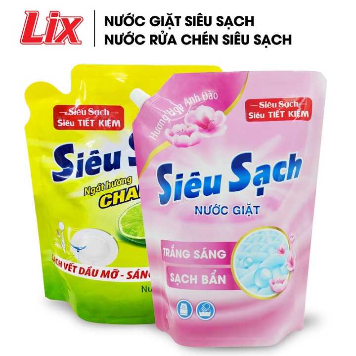 COMBO 68 gồm Túi nước giặt LIX siêu sạch hương hoa anh đào 2.4kg + Túi nước rửa chén LIX siêu sạch hương chanh 1.5kg