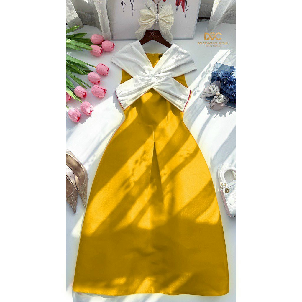 (Sale FreeShip) Đầm thiết kế đi tiệc dáng dài,đầm tapta trễ vai phối màu xinh xĩu,2 màu đỏ vàng tôn da