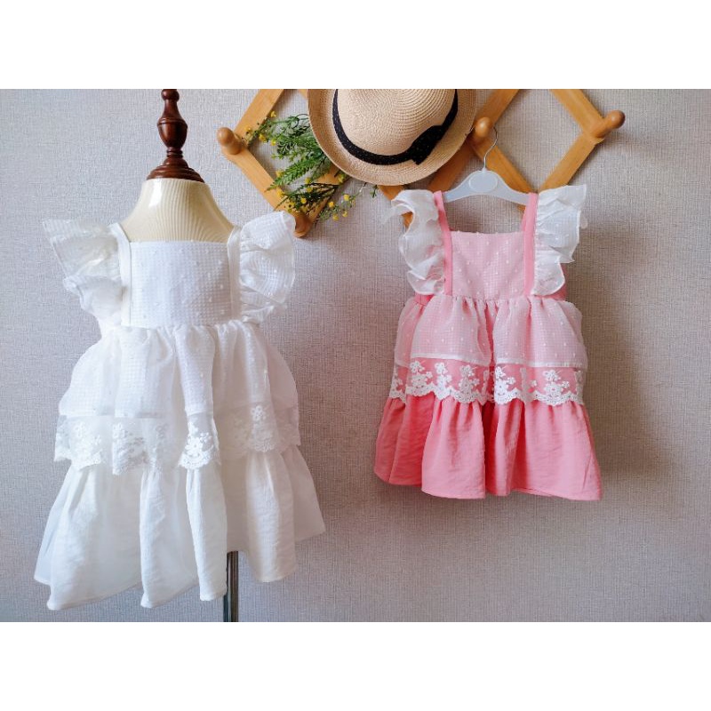 Đầm công chúa màu xanh, tay cánh tiên phối voan & ren trắng cho bé 9kg - 33kg