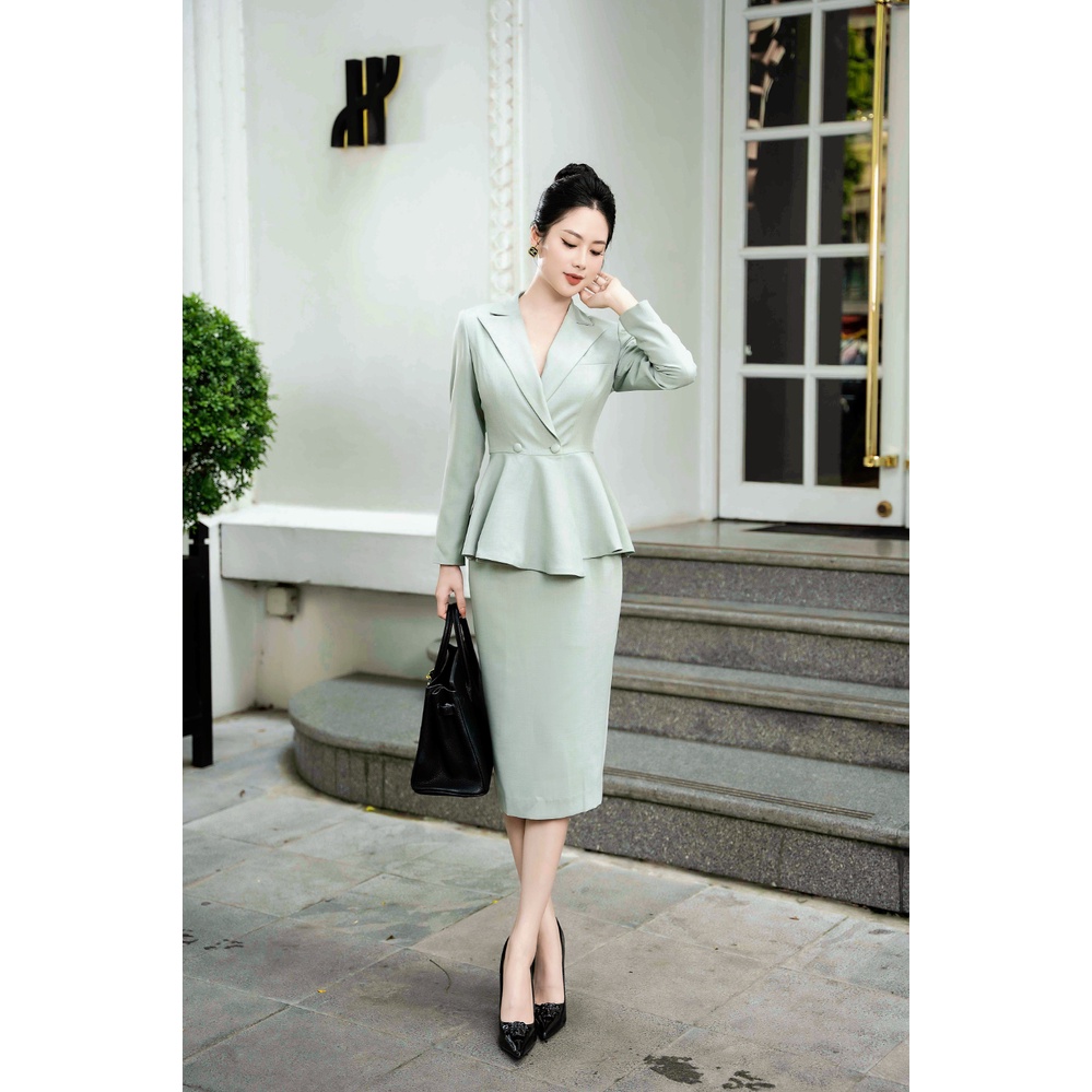 Set áo vest nữ peplum 2Fleurs thiết kế tay dài cổ chữ V cùng chân váy bút chì dáng basic
