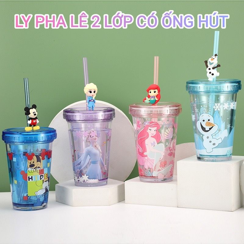 Ly ,cốc Disney trong suốt 2 lớp kim tuyến rơi bên trong kèm ống hút hình 3D siêu đẹp cho bé [Ảnh thật, hàng sẵn]