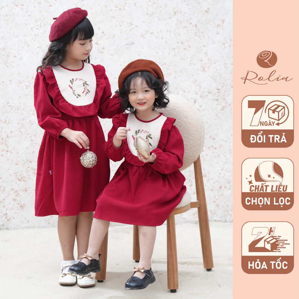 Váy bé gái thêu hoa ROLIA chất nhung mềm mặc Noel và Tết cho bé V128