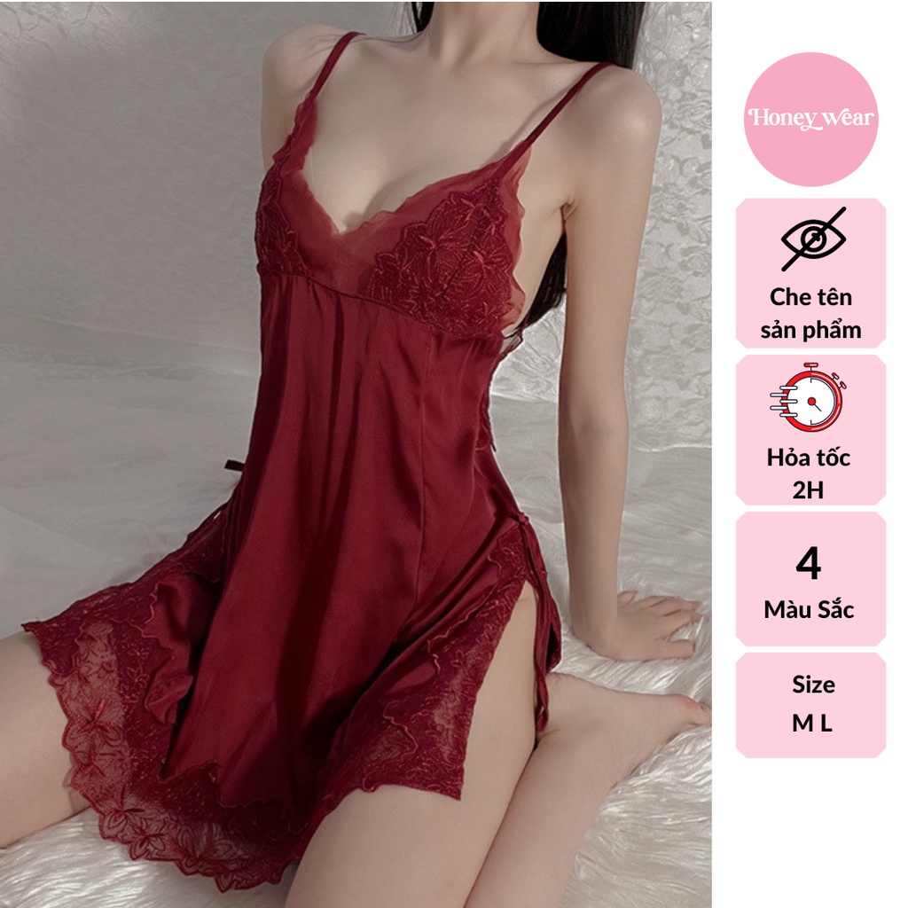 Đầm Ngủ, Váy Ngủ Sexy 2 Dây Lụa Phối Ren Hàng Cao Cấp Gợi Cảm Quyến Rũ Honey Wear Nhiều Màu Nhiều Size V03