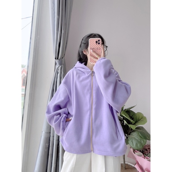 Áo khoác nữ nỉ bông khoá kéo, hoodie zip Banana dày dặn nón rộng, tay phồng