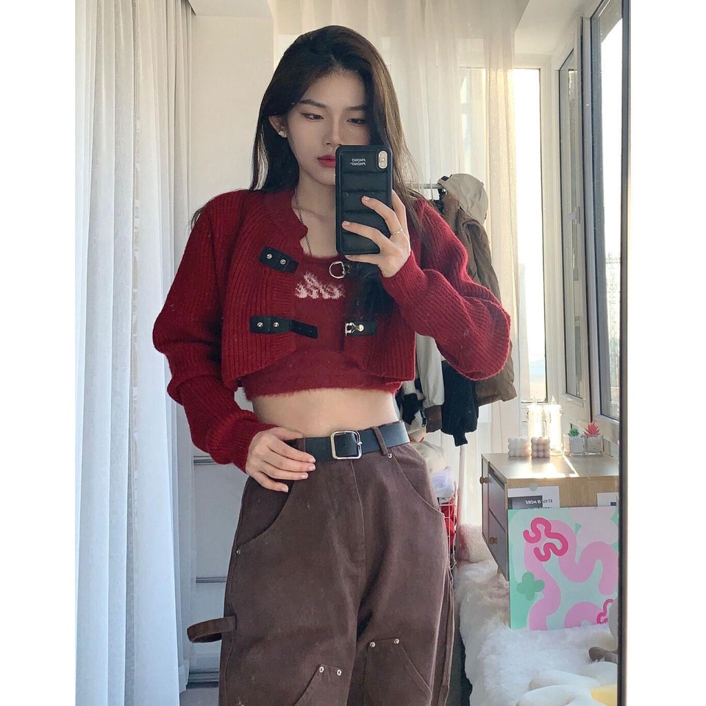 Set Áo Khoác Cardigan + Áo Hai Dây Giả Nhung Lông Chồn Thời Trang Mùa Thu Cho Nữ