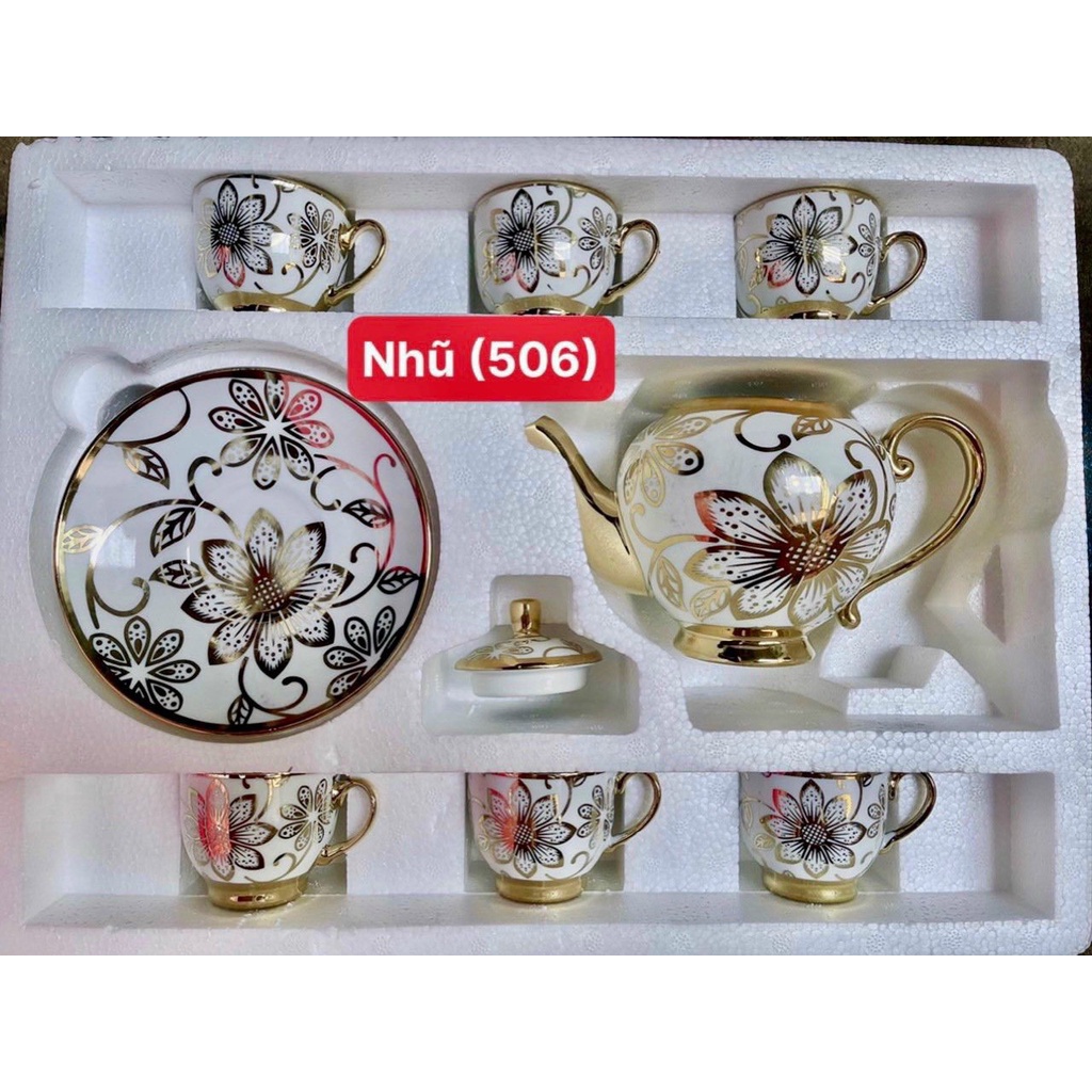BỘ TÁCH TRÀ HOA VĂN NHŨ VÀNG HOÀNG GIA SANG TRỌNG - BỘ TRÀ 6 LY KÈM 7 ĐĨA DÙNG LÀM QUÀ TẶNG CAO CẤP