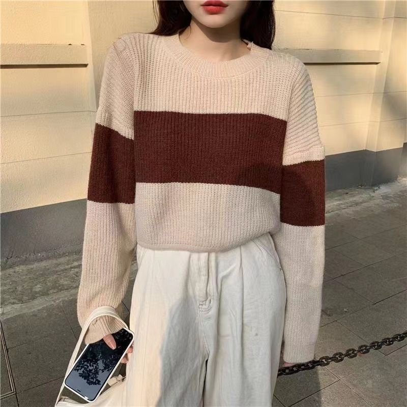 Áo Sweater Dệt Kim Dáng Rộng Ngắn Kẻ Sọc Màu Sắc Tương Phản Kiểu Vintage Nhật Bản