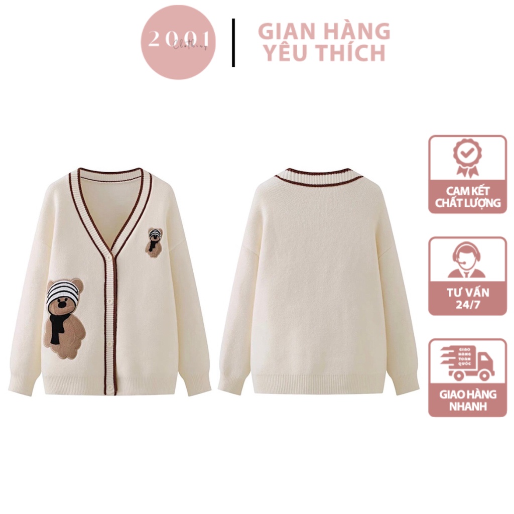 Áo Cardigan Nữ Len Cao Cấp Thêu Gấu Tay Dài Thời Trang Trẻ Trung Dáng Rộng Phong Cách Hàn Quốc