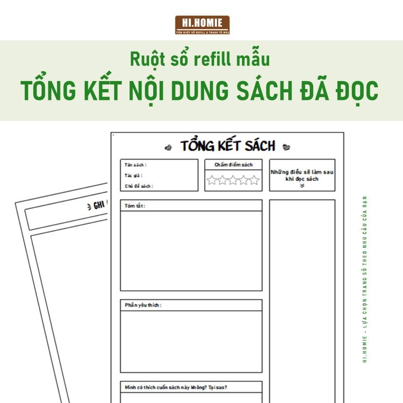 Mẫu Tổng kết và Tóm tắt ngắn gọn nội dung sách đã đọc | Ruột sổ còng, giấy refill | A5, A4, B5 | Hi Homie