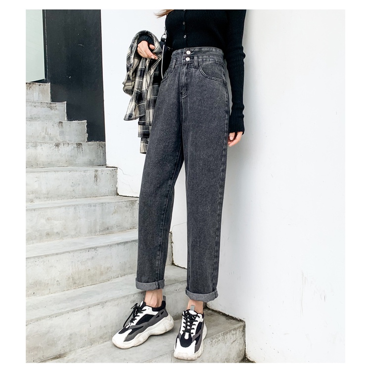 Quần Jean Nữ Lưng Cao Ống Rộng Màu Trơn Kiểu Hàn Quốc Thời Trang Mùa Thu