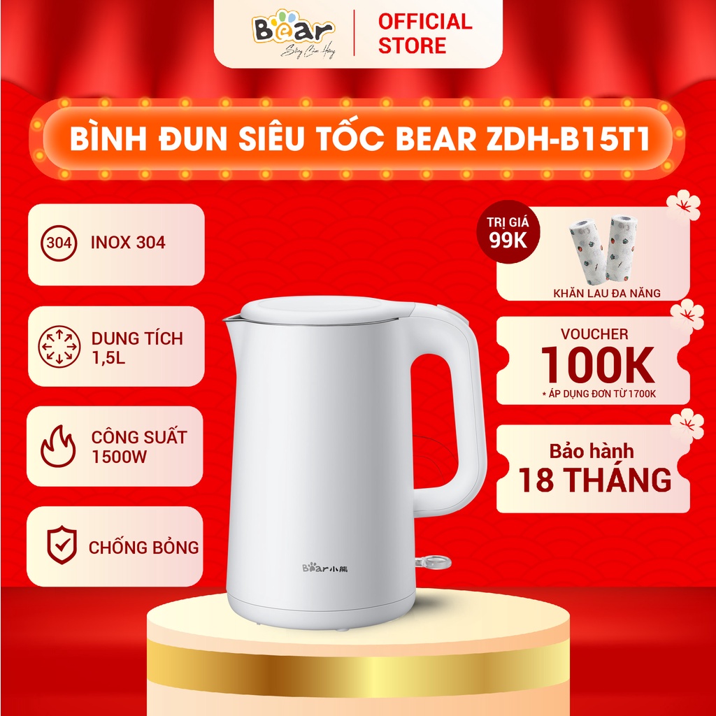 Ấm Đun Siêu Tốc Bear Công Suất Lớn, Bình Đun Nước Nóng Nhanh, Bền Bỉ Lên Đến 10 Năm - ZDH-B15T1