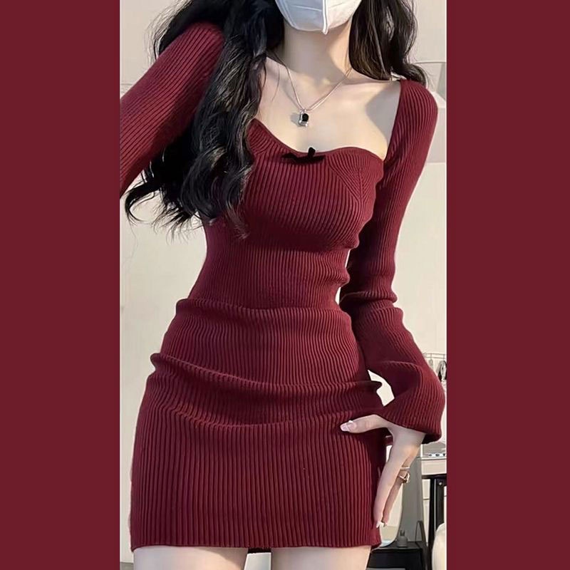 Đầm XINLANYASHE dài tay cổ vuông màu đỏ rượu vang thời trang năm mới cho nữ