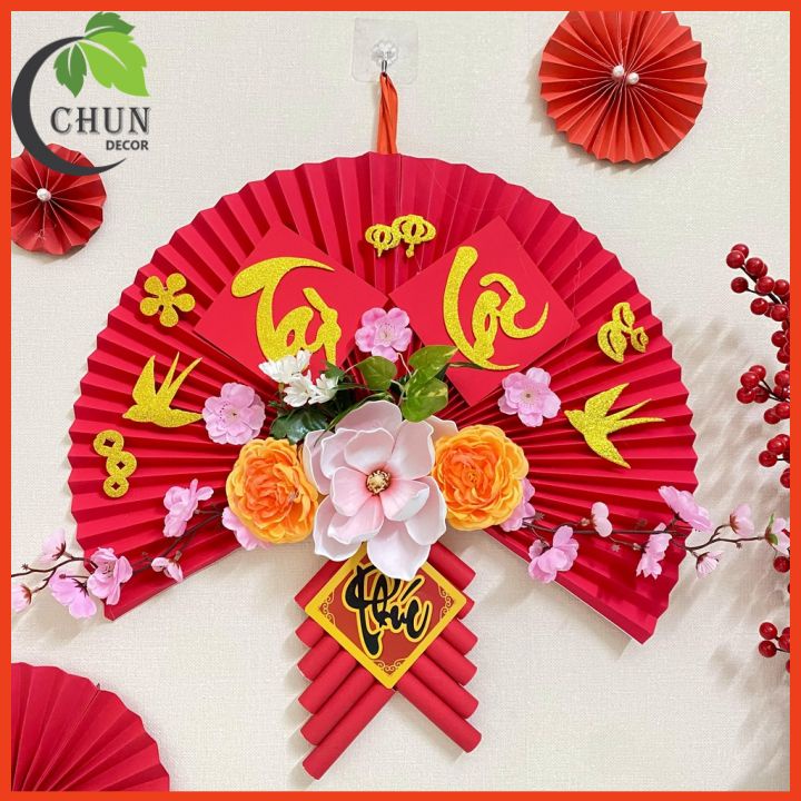 Quạt Giấy Đỏ Kết Hoa Trang Trí Tết Decor Treo Tường Phòng Khách Nhà Hàng Mang May Mắn Tài Lộc Cho Năm Mới