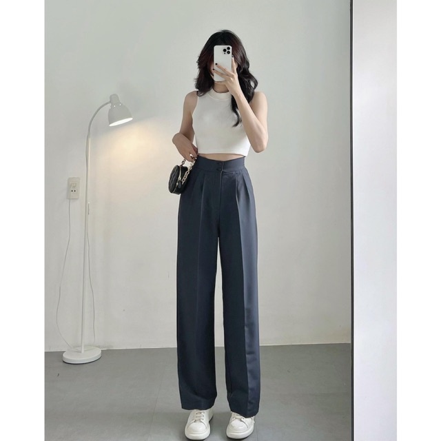 Quần Cotton nữ ống suông HHVINTAGE kiểu lưng cao 2 nút cotton Hàn co giãn A01